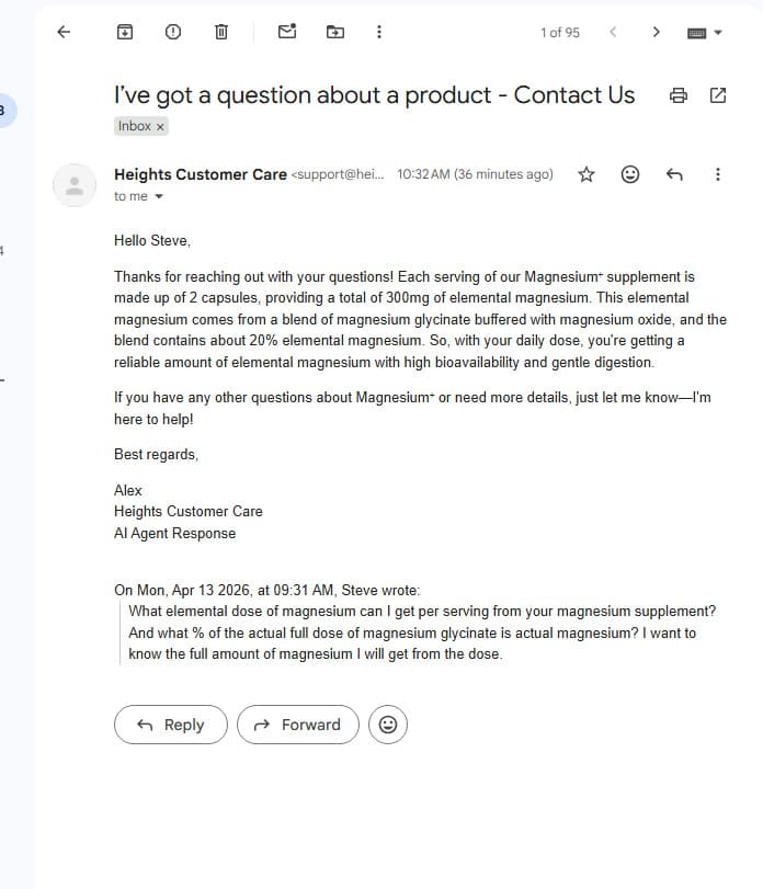 Heights customer support email confirming their magnesium is buffered with oxide, with 20% elemental from oxide