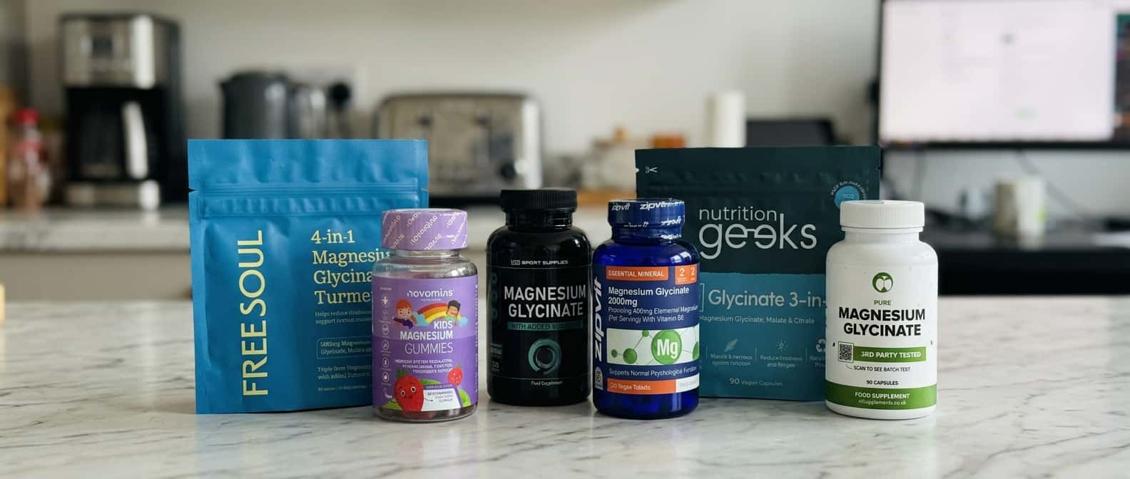 All 8 magnesium supplements we lab-tested for this UK review, photographed together